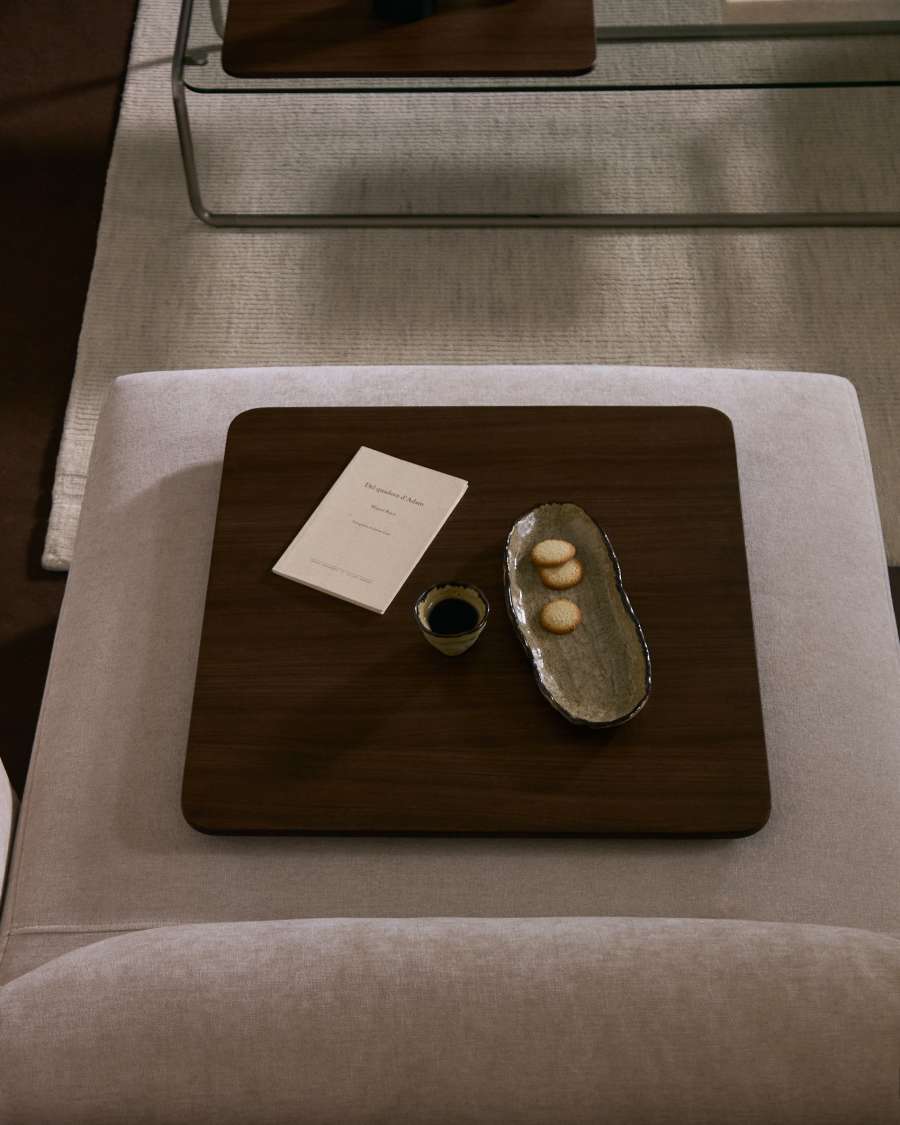 Tarsel coffee table in tempered glass with walnut veneer tray with brushed stainless steel structure 140 x 60cm
