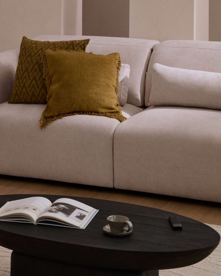 Divano Lares 5 posti con sedute scorrevoli motorizzate e poggiatesta reclinabile in ciniglia beige 335 cm