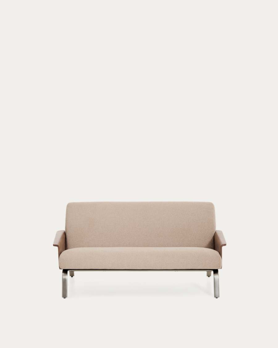 Amsen light brown 2-seater sofa in walnut plywood with brushed stainless steel legs 165cm