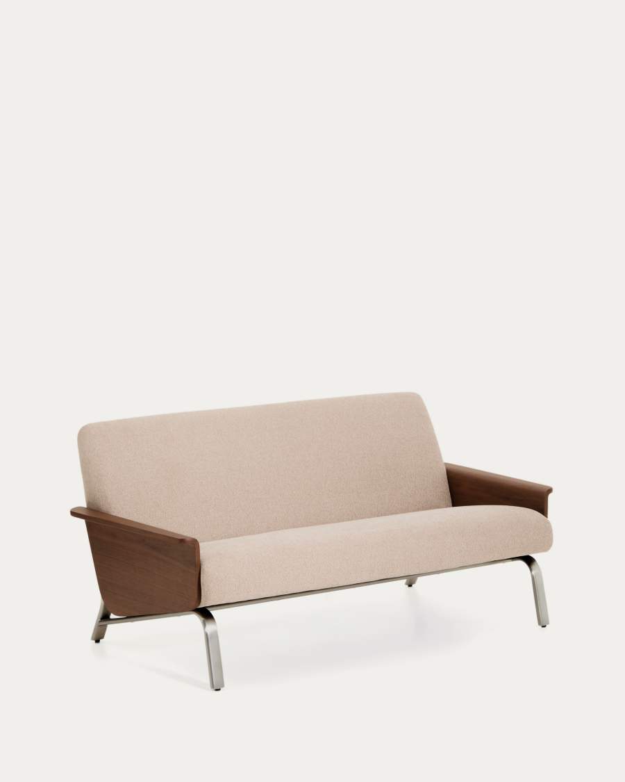 Amsen light brown 2-seater sofa in walnut plywood with brushed stainless steel legs 165cm