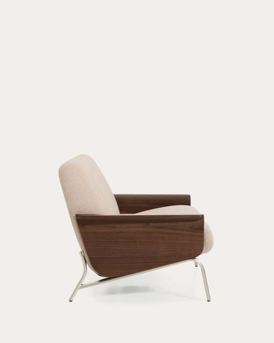 Amsen light brown 2-seater sofa in walnut plywood with brushed stainless steel legs 165cm
