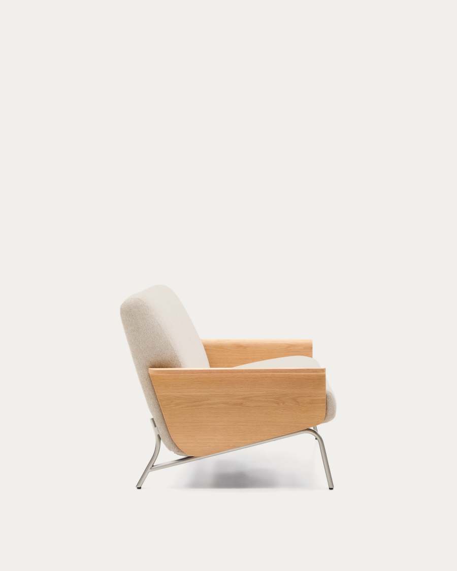 Amsen beige 2-seater sofa in oak plywood with brushed stainless steel legs 165cm