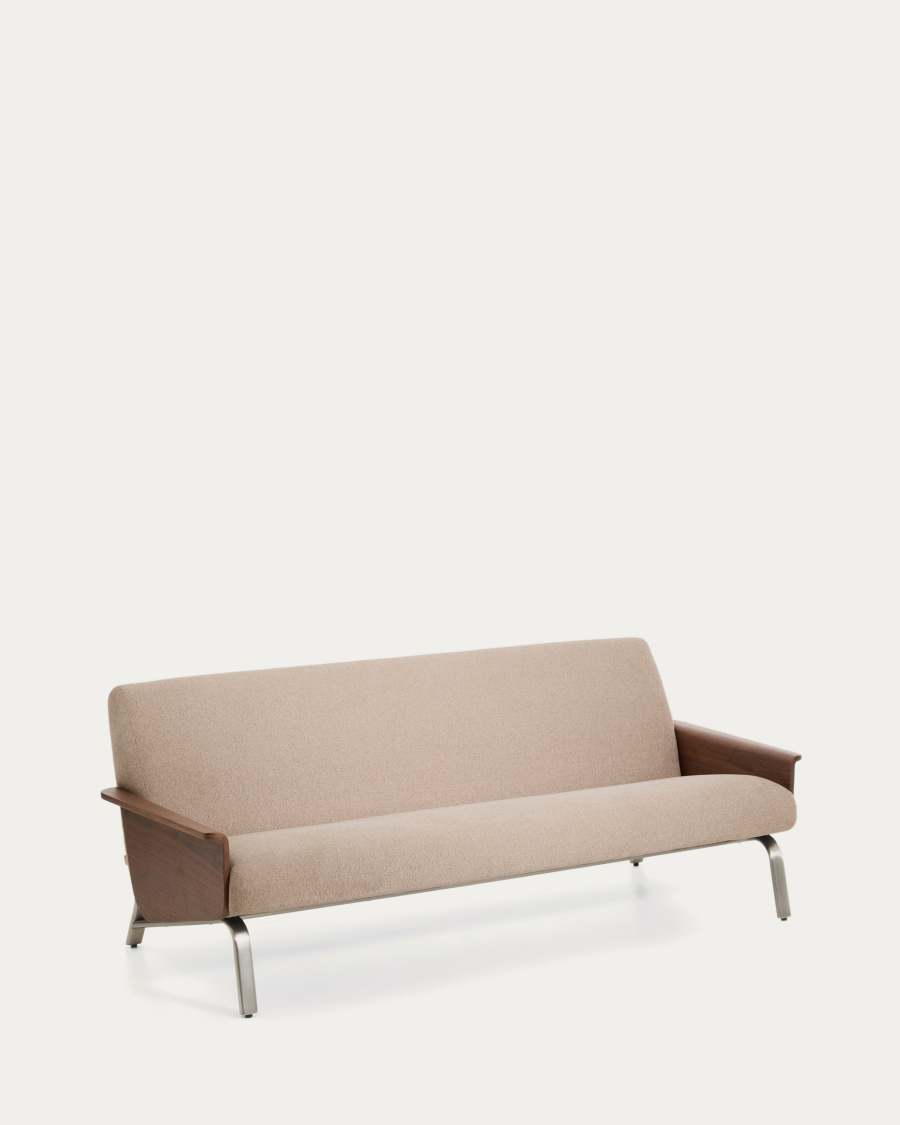 Amsen light brown 3-seater sofa in walnut plywood with brushed stainless steel legs 205cm