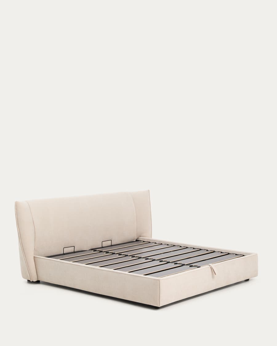 Arvian beige chenille removable-cover bed with ottoman base for a 180 x 200 cm mattress