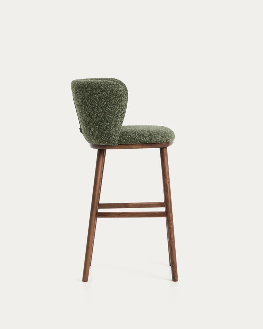 Ciselia dark green thick chenille stool with solid ash wood legs with walnut-coloured finish FSC Mix Credit 75cm