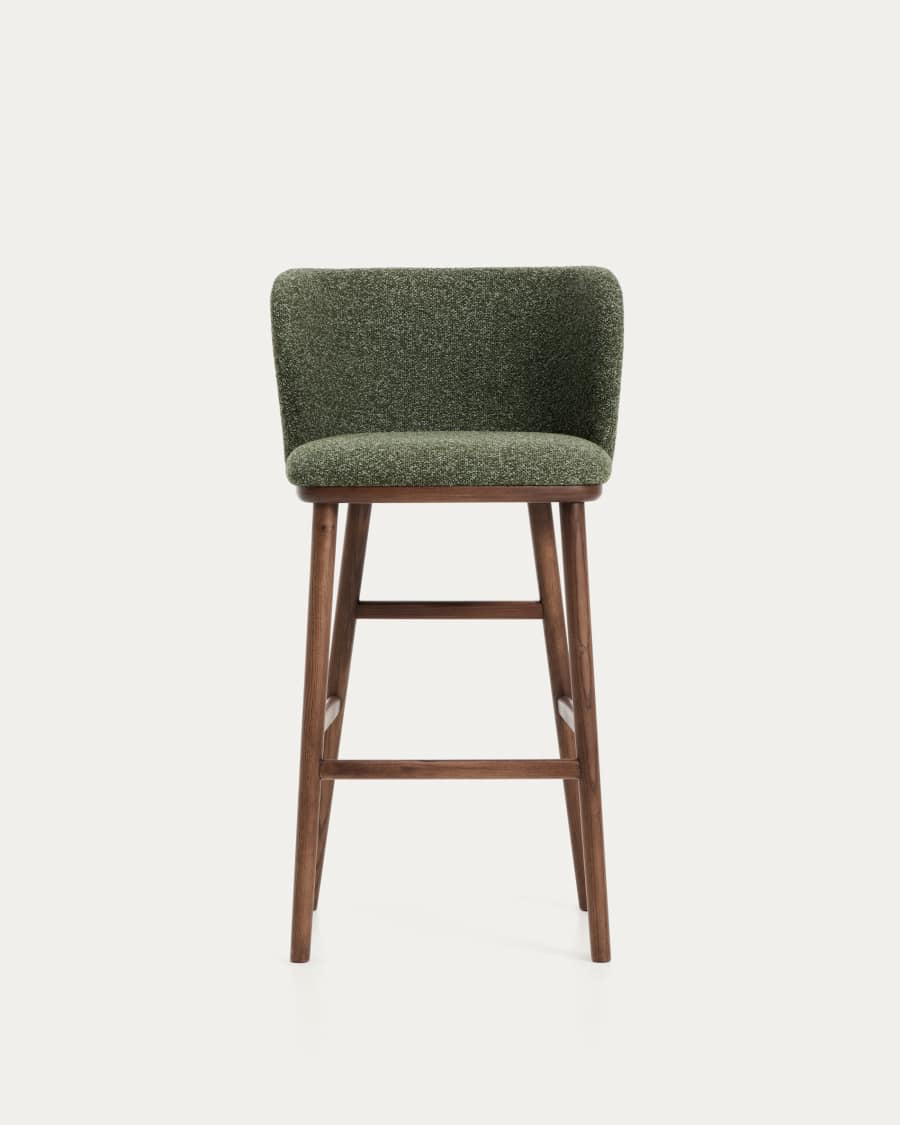 Ciselia dark green thick chenille stool with solid ash wood legs with walnut-coloured finish FSC Mix Credit 75cm