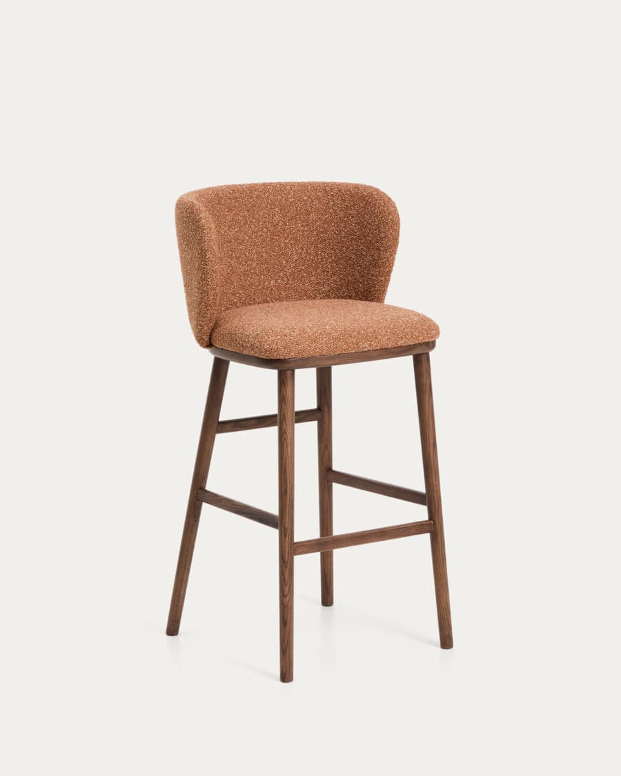 Ciselia terracotta thick chenille stool with solid ash wood legs with walnut-coloured finish FSC Mix Credit 75cm