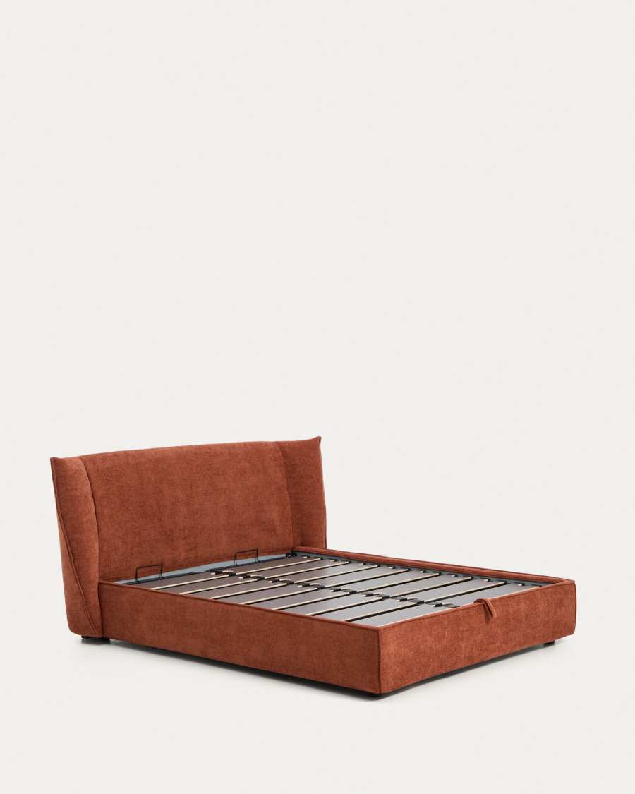 Arvian terracotta chenille removable-cover bed with ottoman base for a 160 x 200 cm mattress