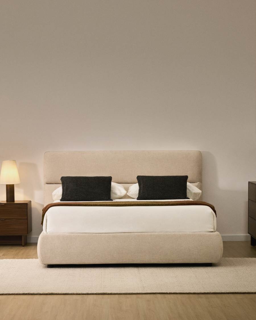 Dafra beige chenille removable-cover bed with ottoman base for 160 x 200 cm mattress