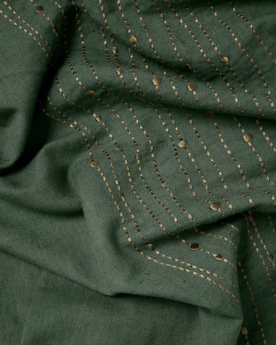 Flia green linen and cotton tablecloth with green lurex embroidery detail 150 x 250cm