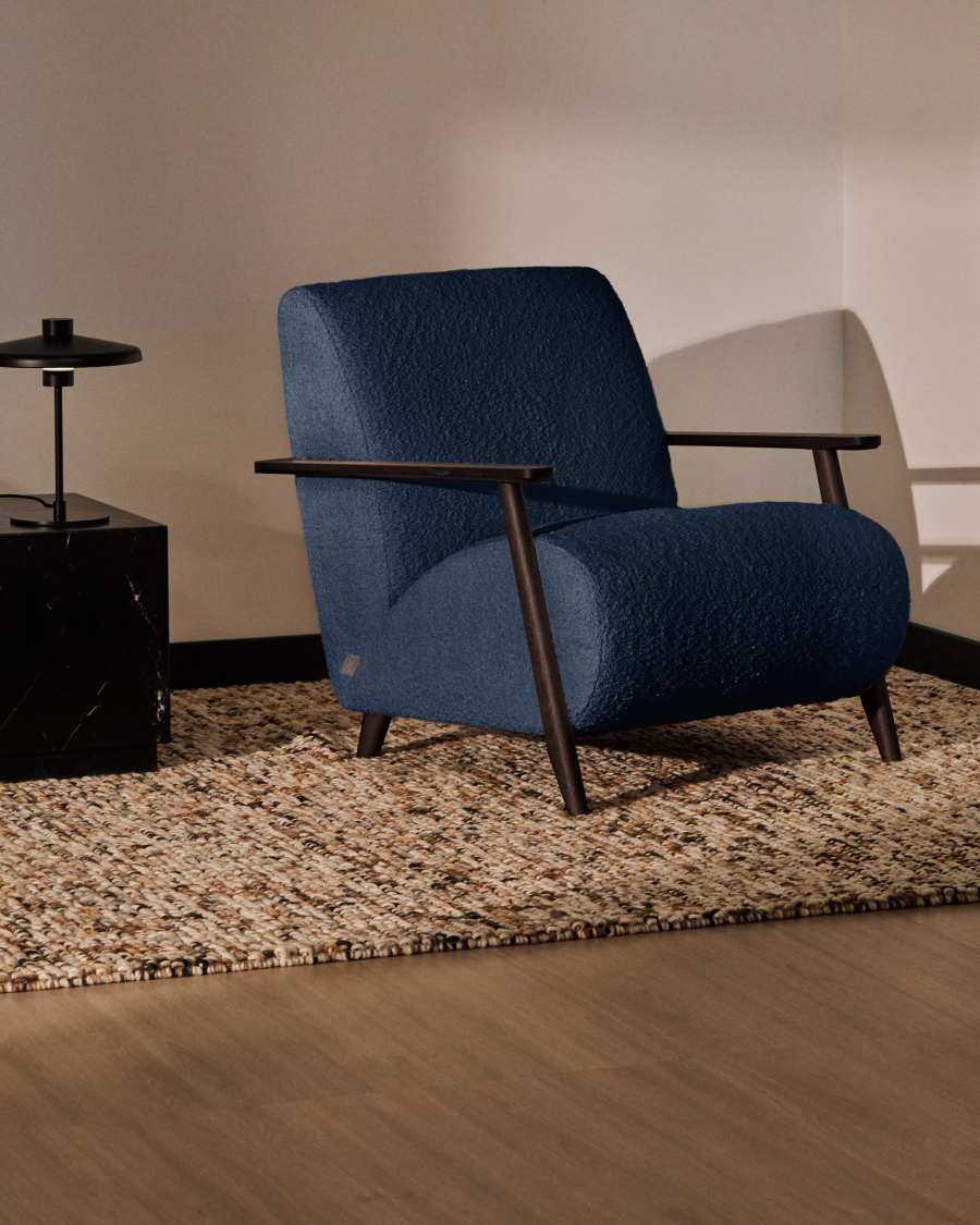 Meghan fire-retardant armchair in blue bouclé and solid ash wood with wenge-coloured finish FSC Mix Credit