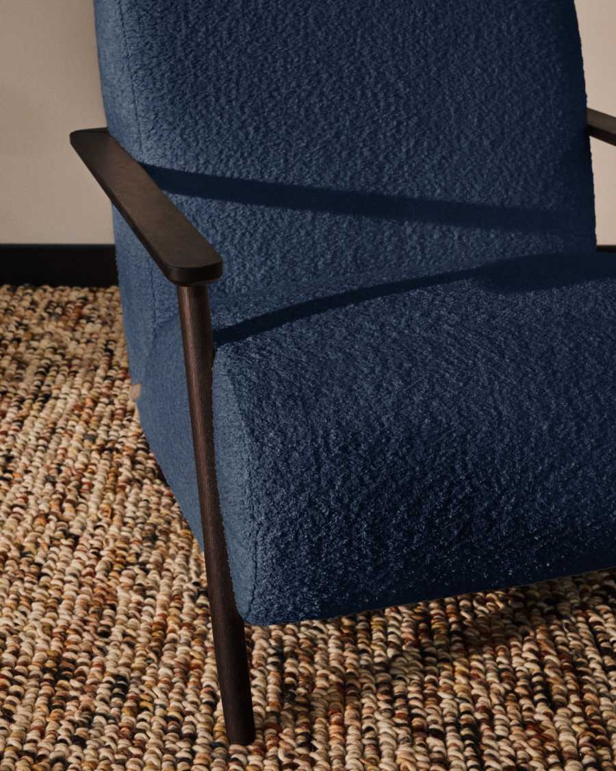 Meghan fire-retardant armchair in blue bouclé and solid ash wood with wenge-coloured finish FSC Mix Credit