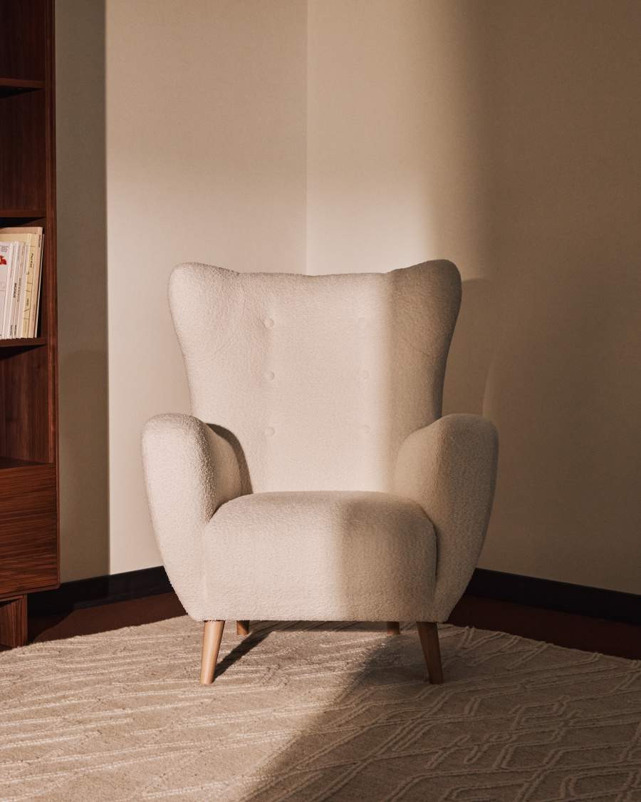 Ecru bouclé fire-retardant patio armchair with solid beech wood legs FSC Mix Credit