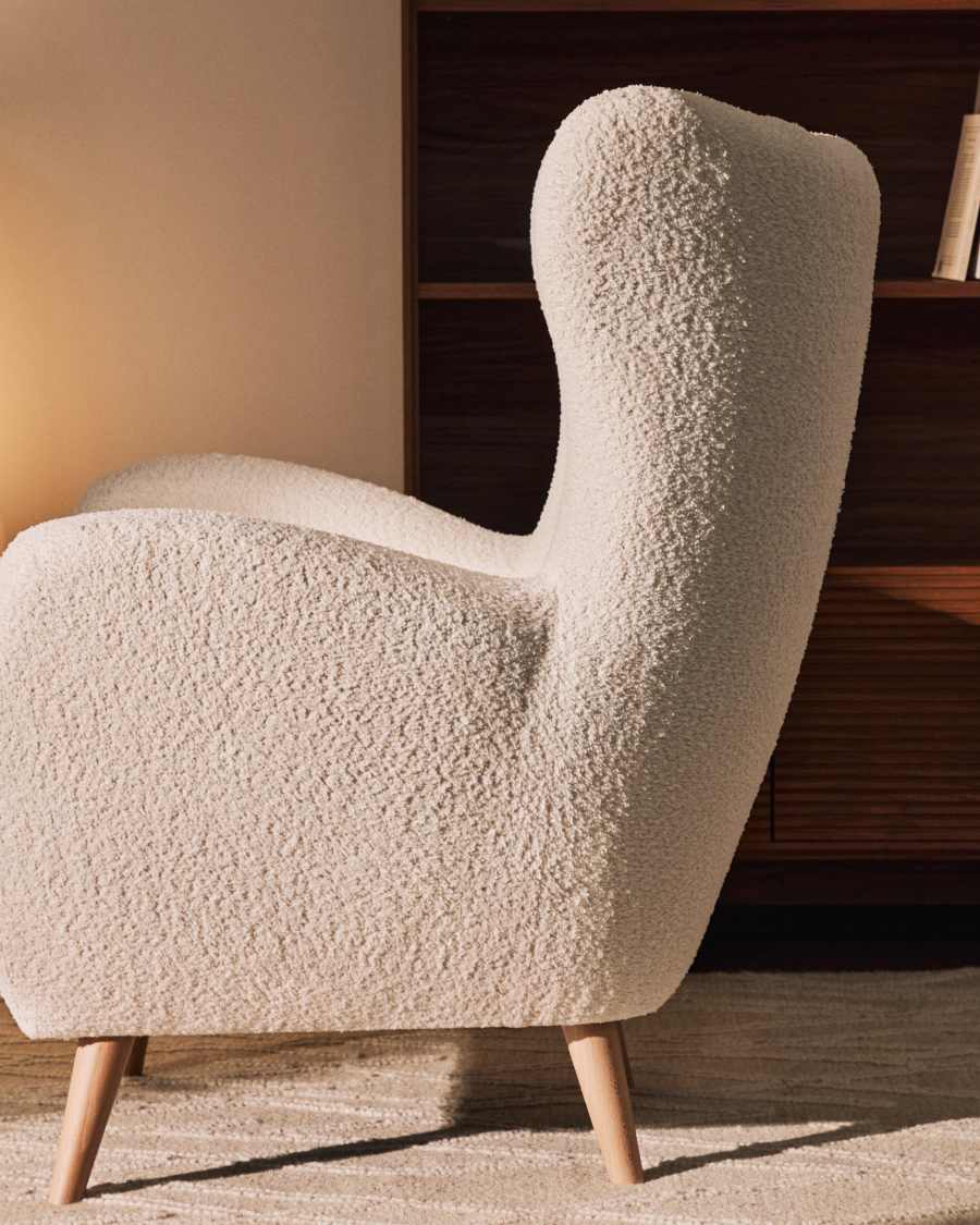 Ecru bouclé fire-retardant patio armchair with solid beech wood legs FSC Mix Credit