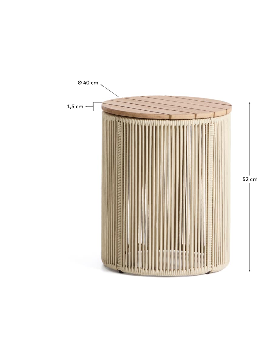 Dandara side table in steel, ecru rope cord and solid acacia wood Ø40cm FSC 100%