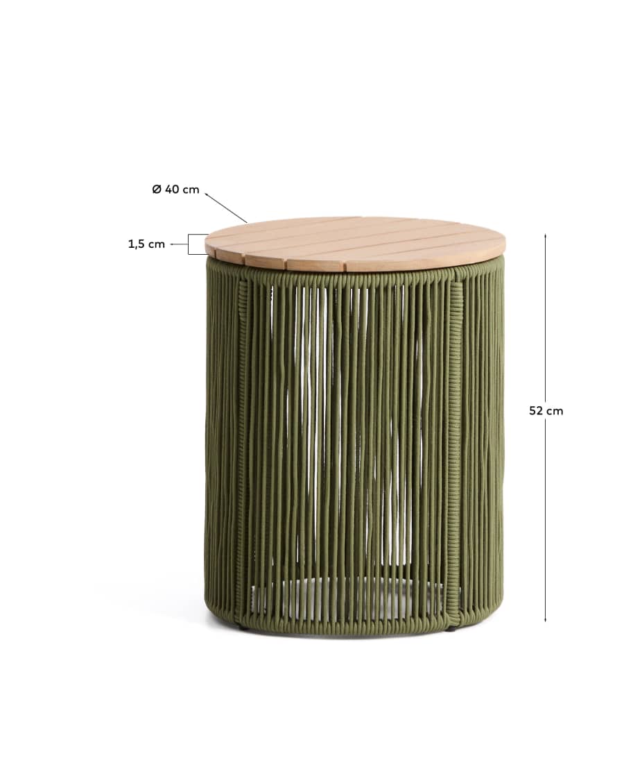 Dandara side table in steel, green rope cord and solid acacia wood Ø40cm FSC 100%