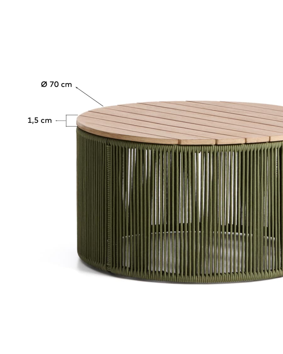 Dandara coffee table in steel, green rope cord and solid acacia wood Ø70cm FSC 100%