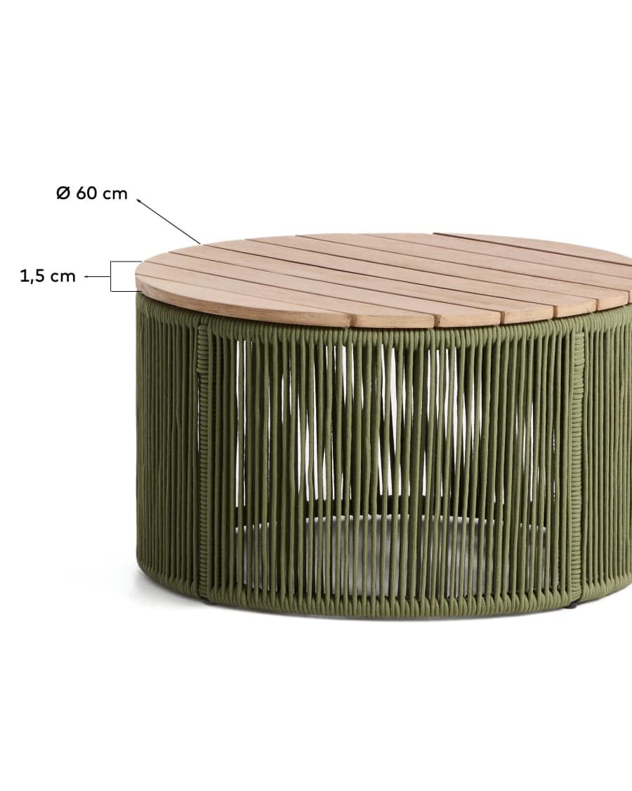 Dandara coffee table in steel, green rope cord and solid acacia wood Ø60cm FSC 100%