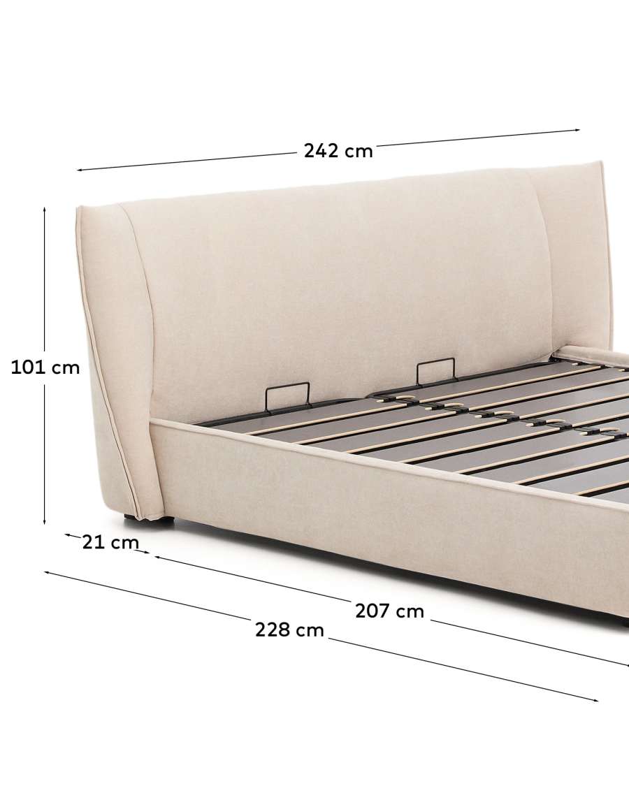 Arvian beige chenille removable-cover bed with ottoman base for a 180 x 200 cm mattress
