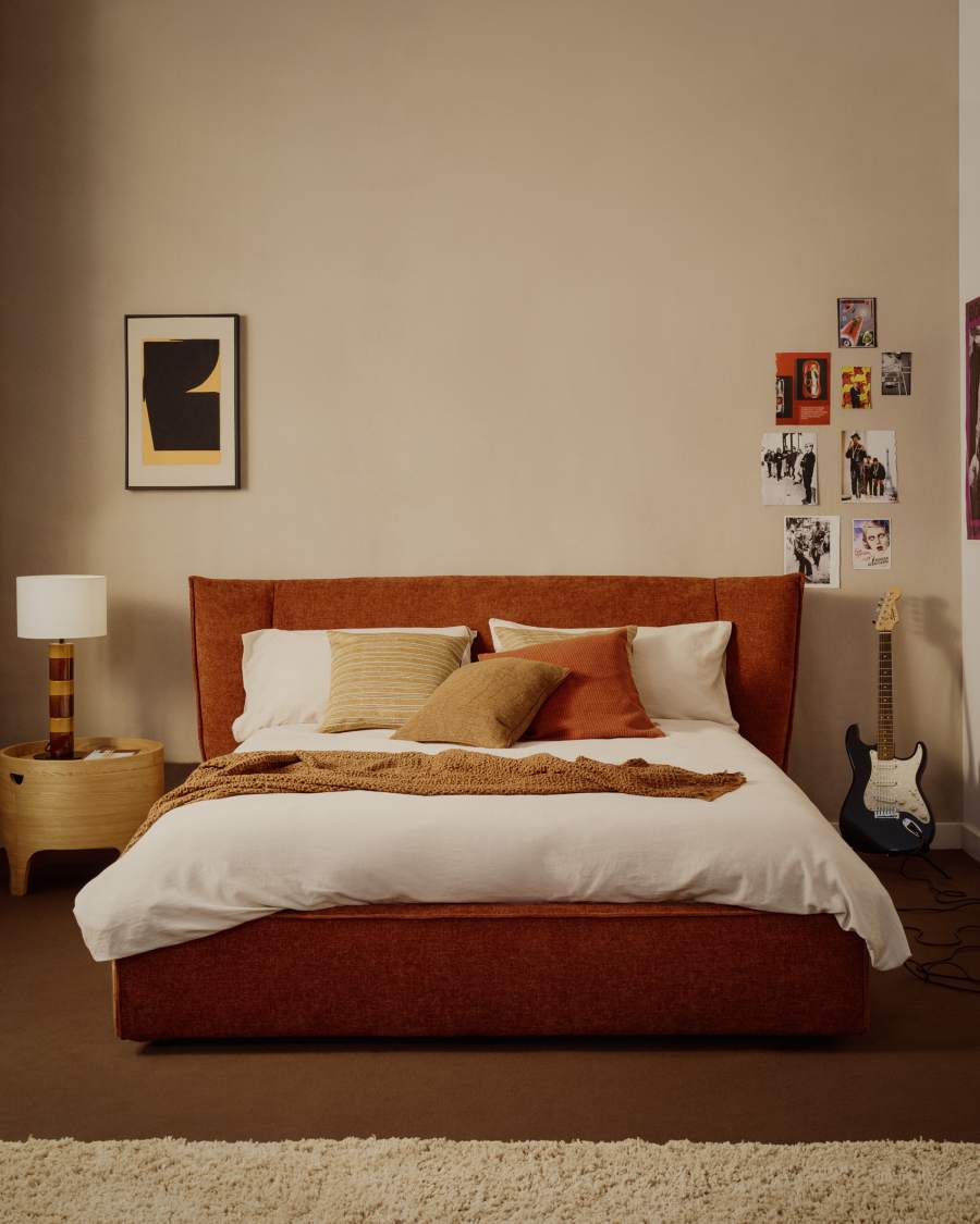 Arvian terracotta chenille removable-cover bed with ottoman base for a 160 x 200 cm mattress