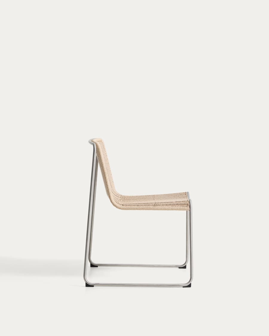 Tavari stackable chair in beige synthetic rope cord and brushed-effect stainless steel