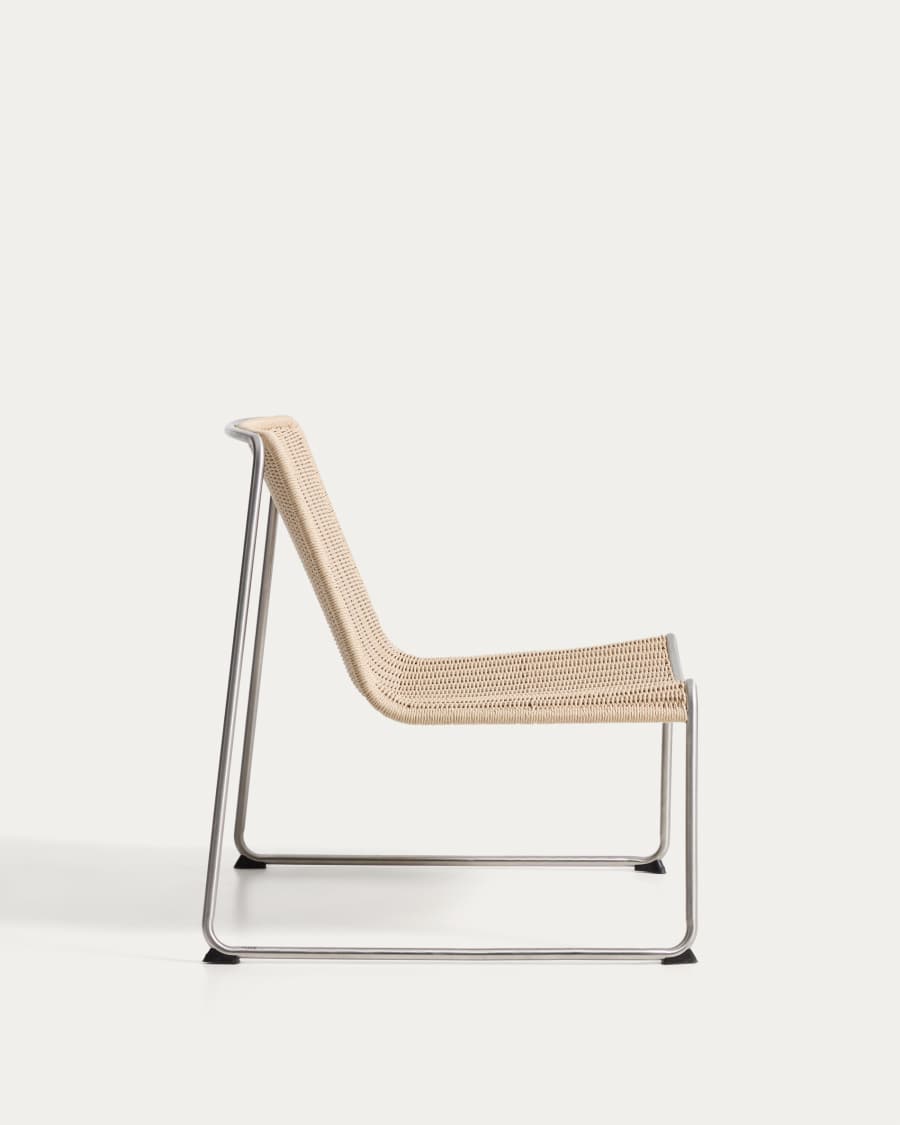 Tavari stackable armchair in beige synthetic rope cord and brushed-effect stainless steel