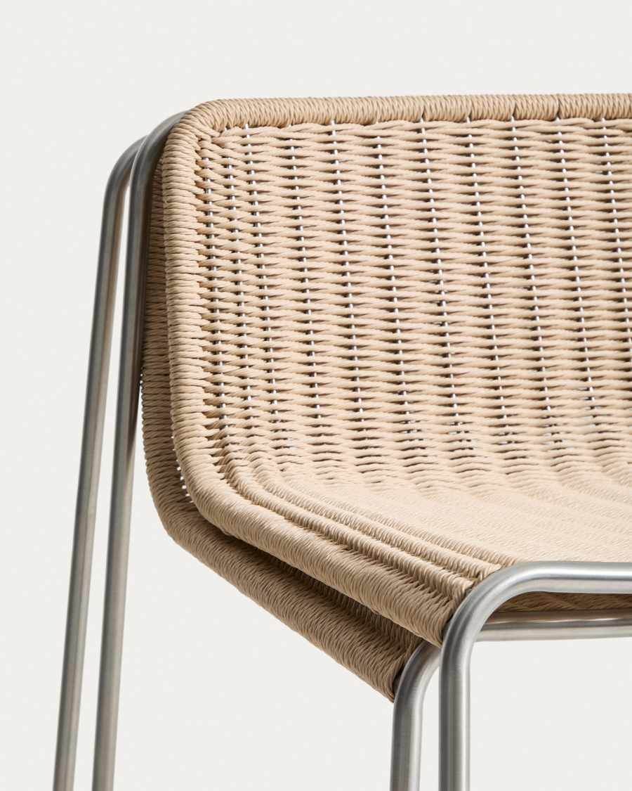 Tavari stackable stool in beige synthetic rope cord and brushed-effect stainless steel 75cm