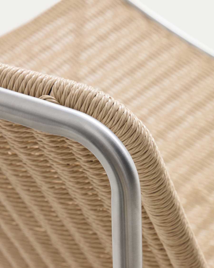 Tavari stackable armchair in beige synthetic rope cord and brushed-effect stainless steel