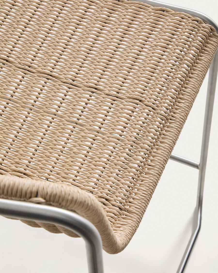 Tavari stackable stool in beige synthetic rope cord and brushed-effect stainless steel 65cm