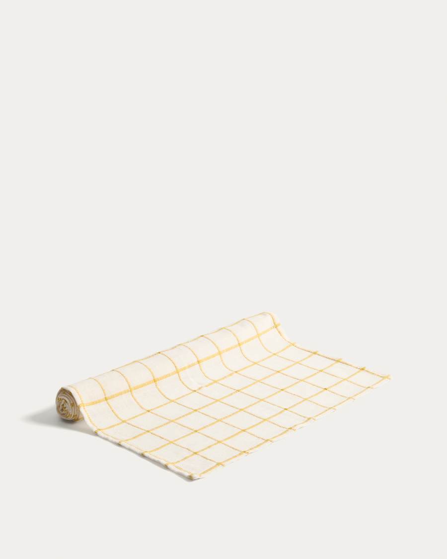 Adesta table runner in 100% cotton ecru with yellow checks 50 x 150 cm