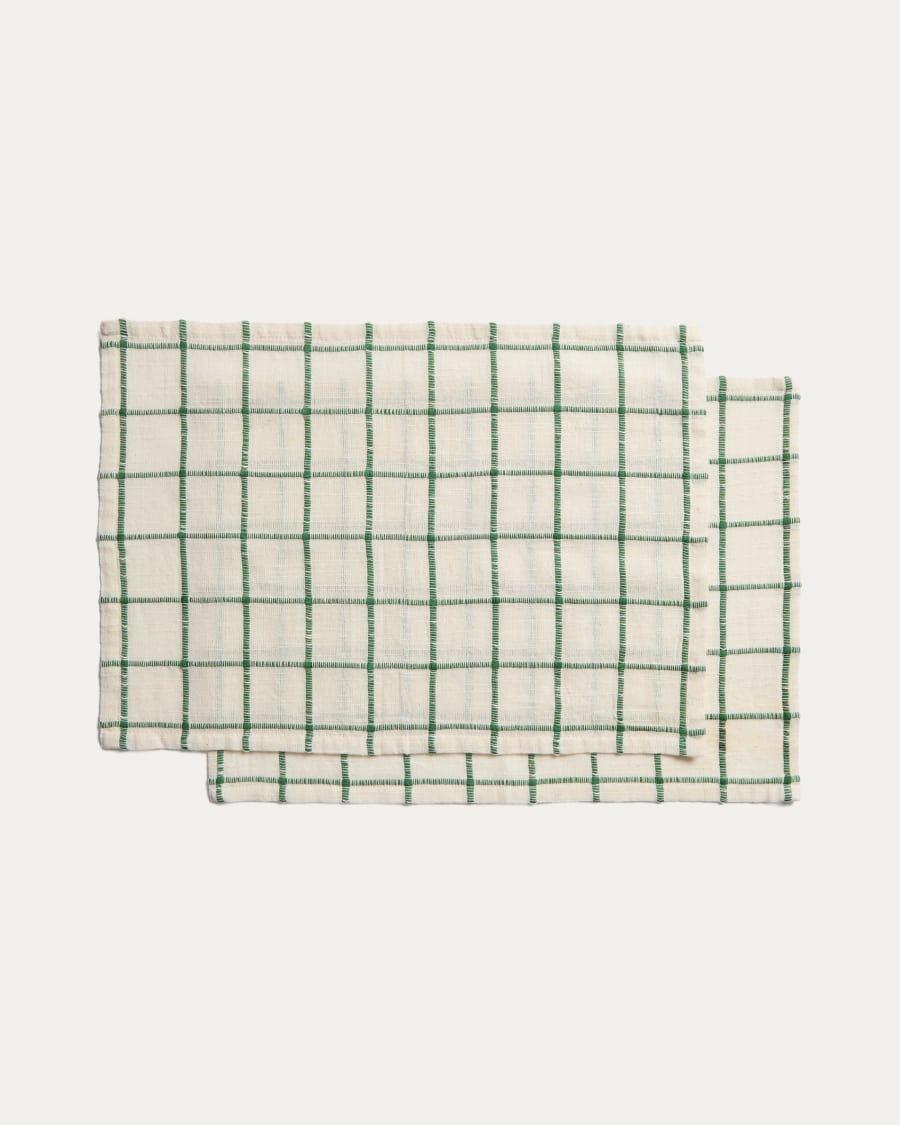 Adesta set of 2 individual placemats in 100% cotton ecru with green checks 35 x 50 cm