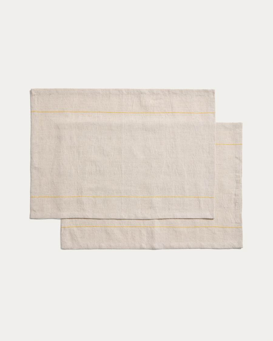 Ulaen set of 2 beige cotton and linen placemats with yellow stripes 35 x 50cm