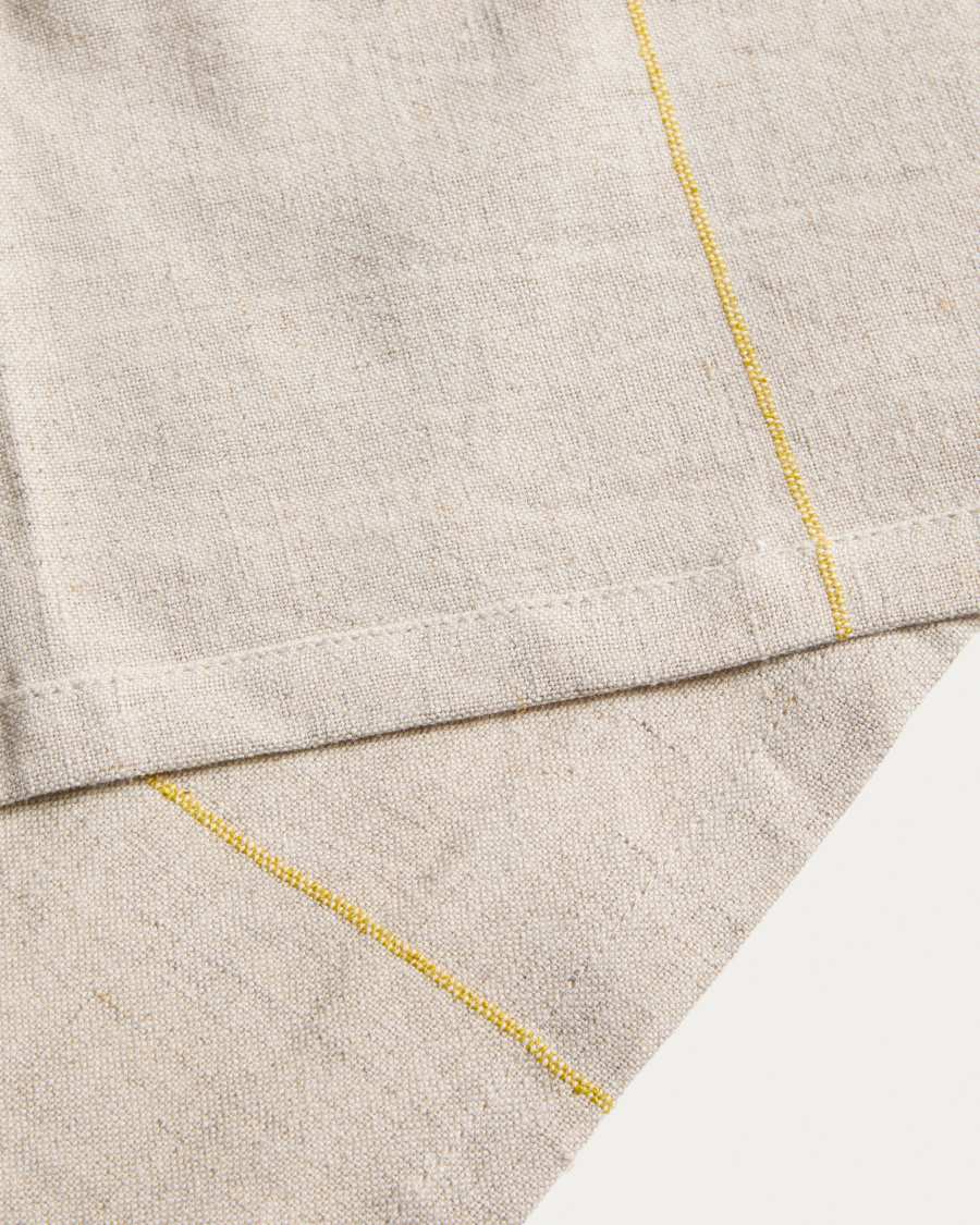 Ulaen beige cotton and linen table runner with yellow stripes 50 x 150cm