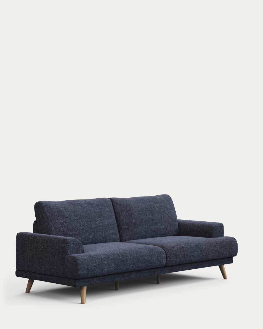 Karin 3-seater sofa dark blue with solid beech wood legs with natural finish, 231 cm