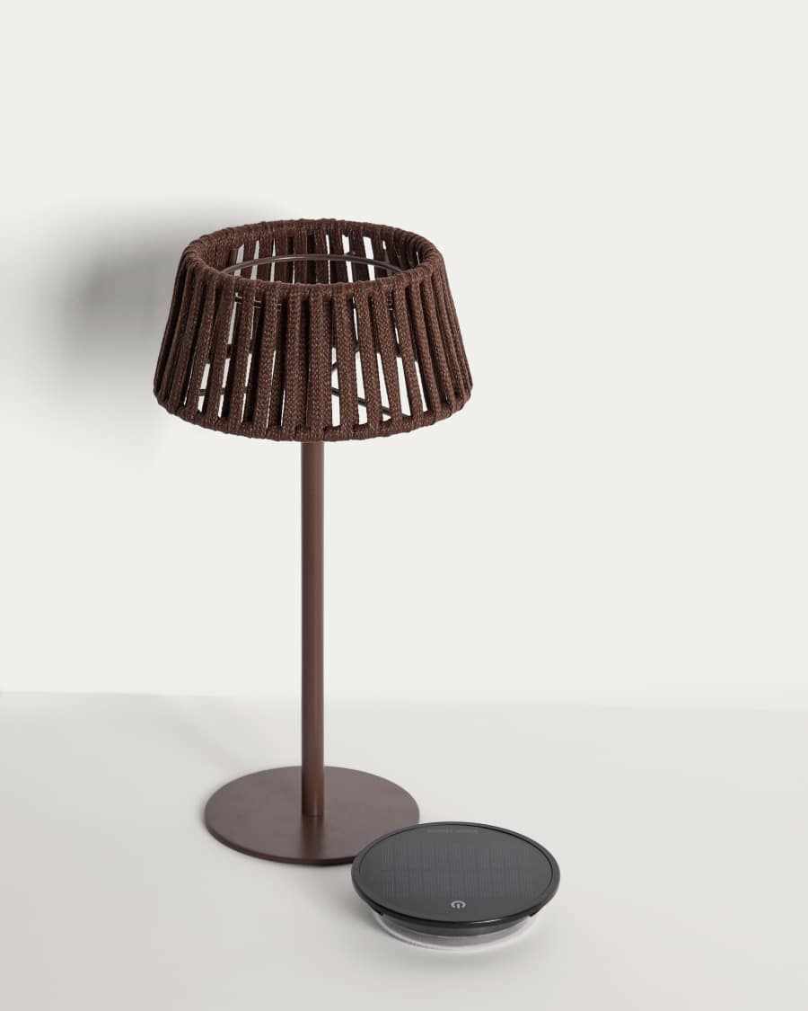 Aldet outdoor solar table lamp in brown flat rope cord with metal stand