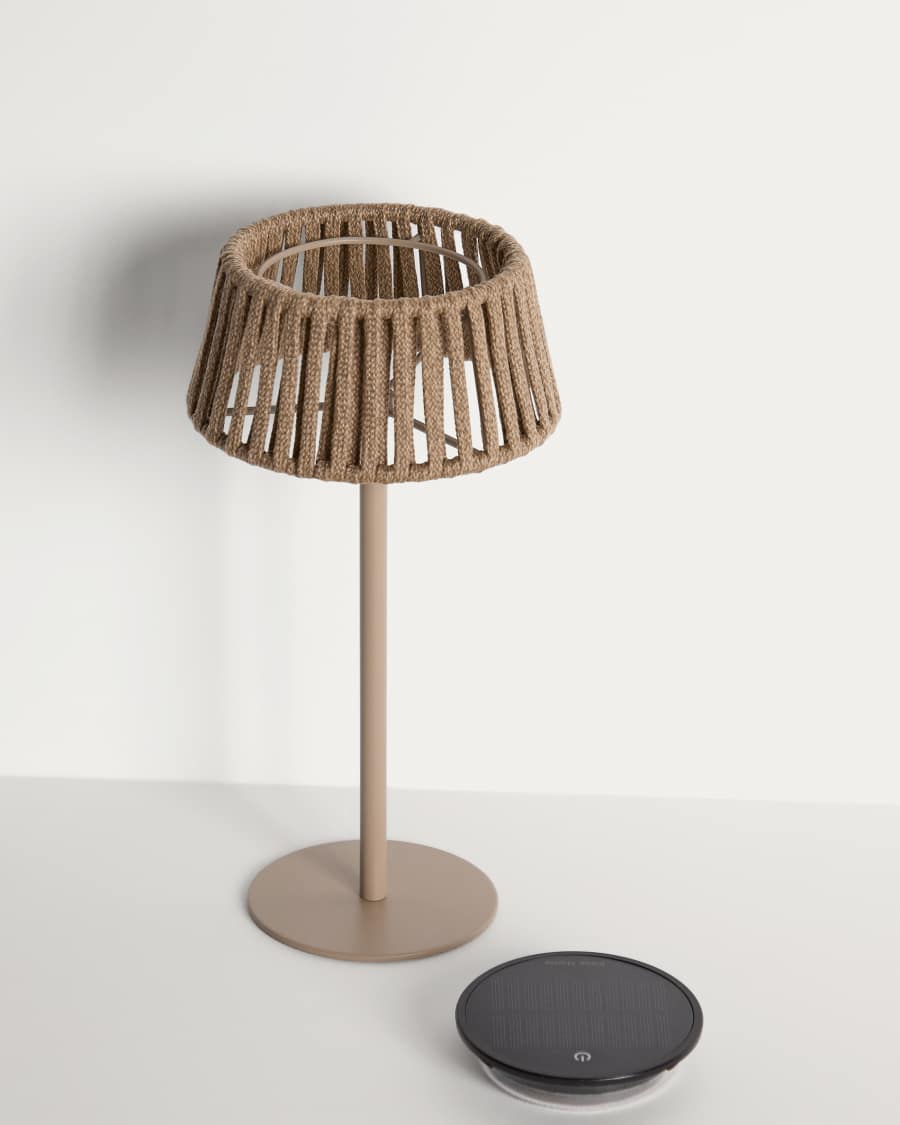 Aldet outdoor solar table lamp in beige flat rope cord with metal stand