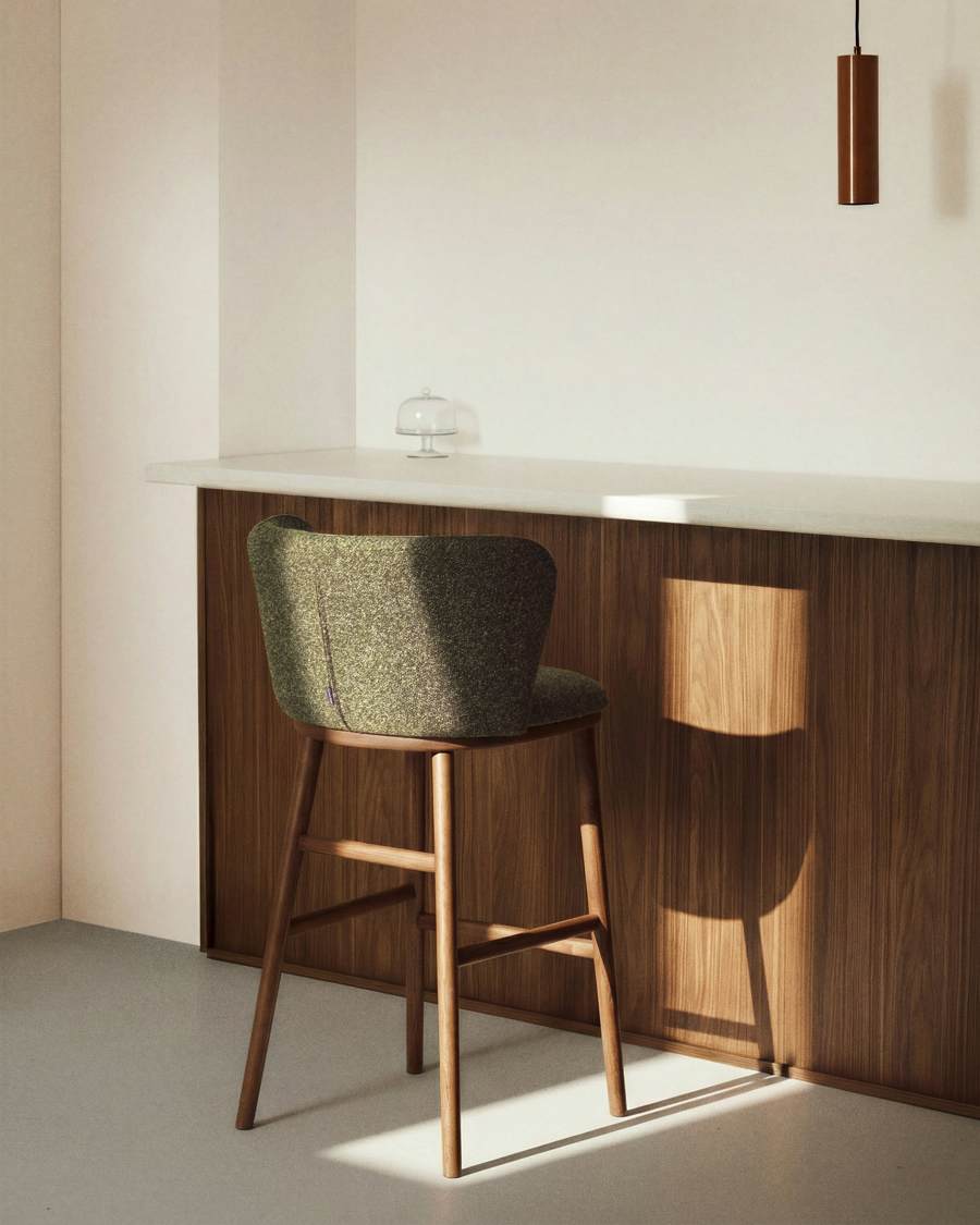 Ciselia dark green thick chenille stool with solid ash wood legs with walnut-coloured finish FSC Mix Credit 65cm