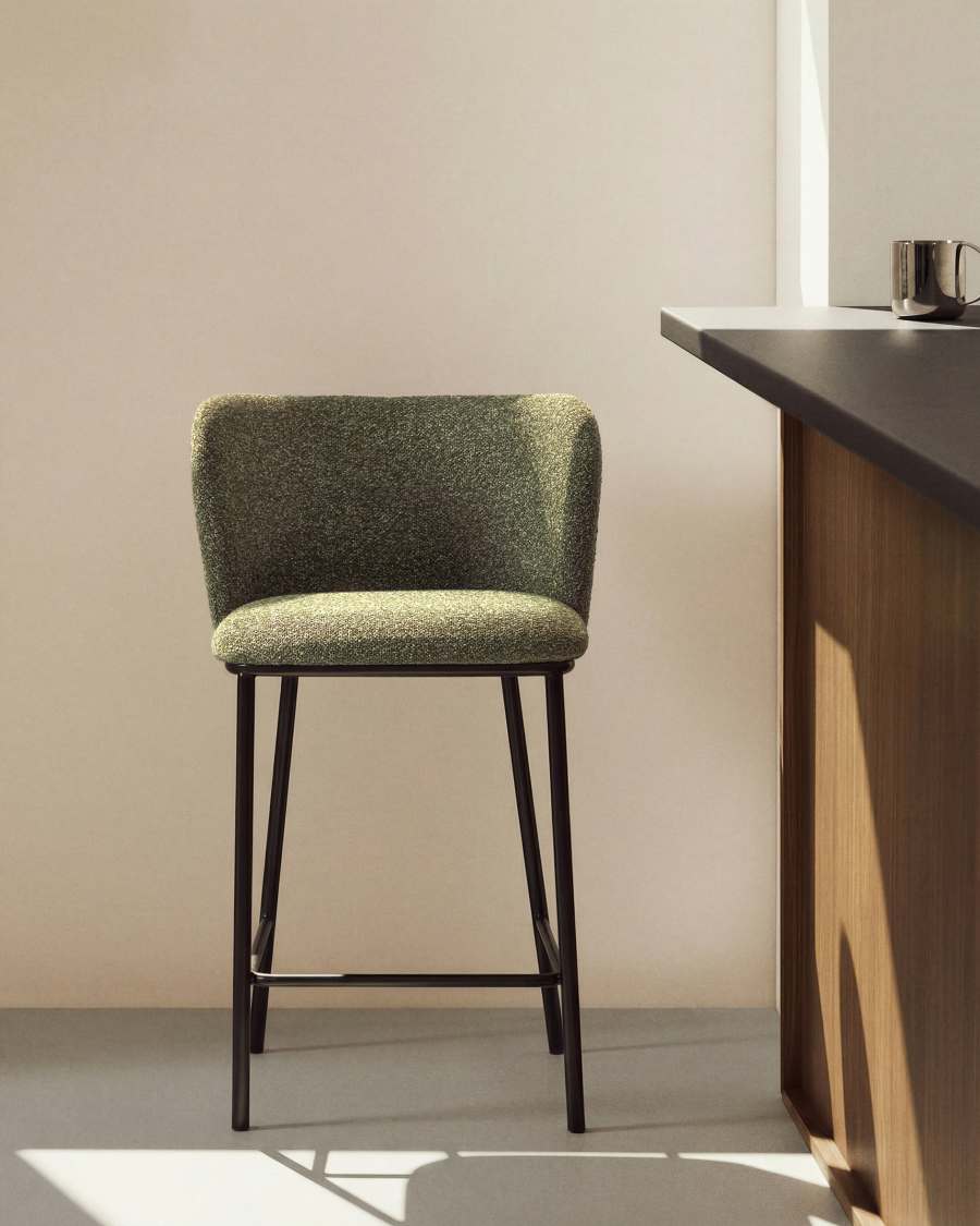 Ciselia dark green thick chenille stool with black finish steel legs FSC Mix Credit 65cm