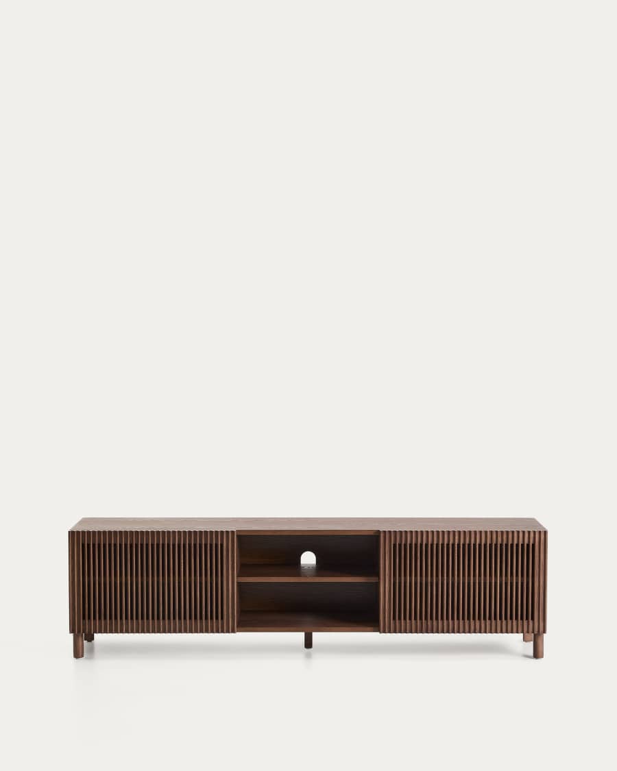 Beyla TV stand with 2 doors in ash veneer and solid ash wood with walnut-tone finish 180 x 49.5 cm FSC 100%