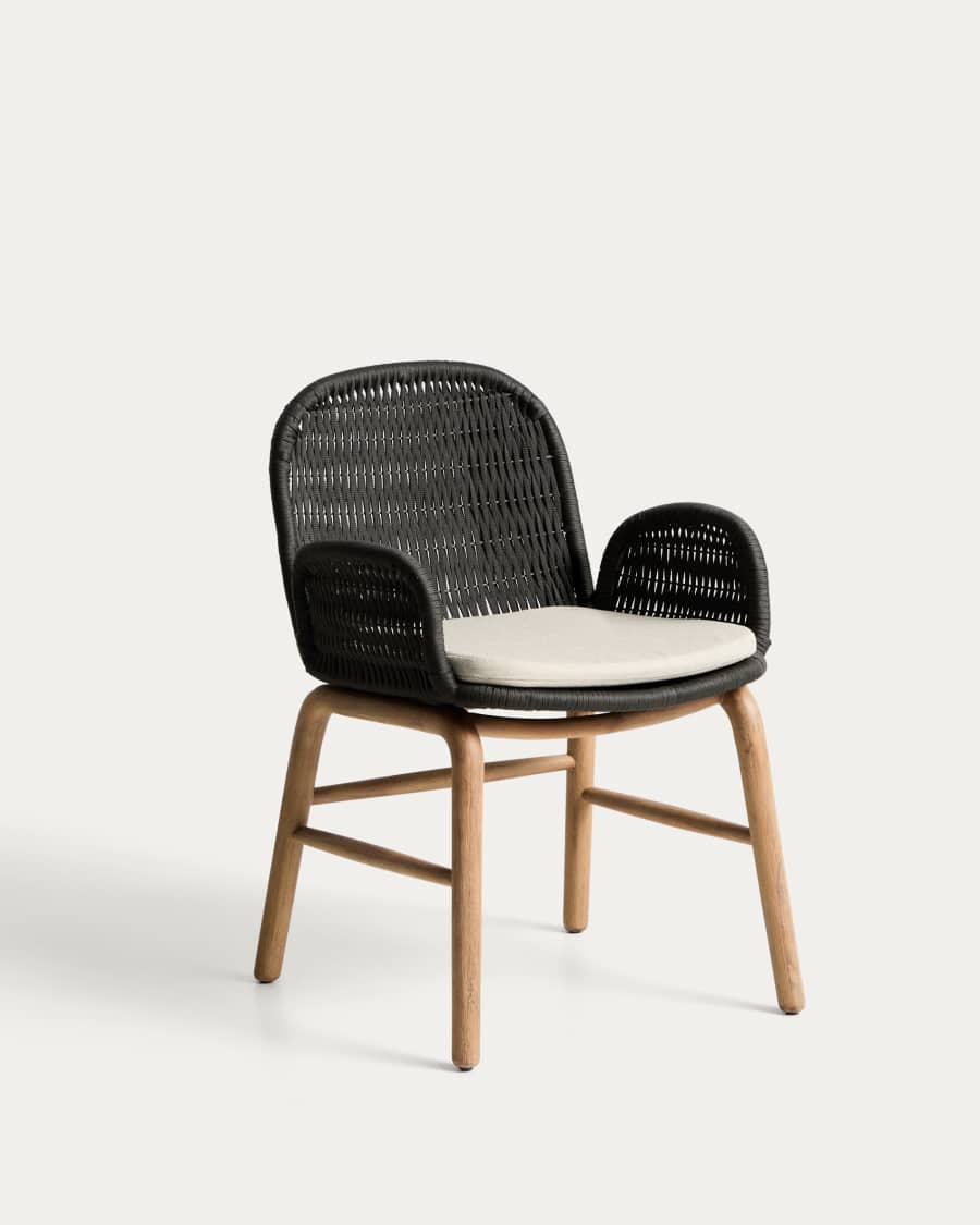 Alipa chair with armrests in FSC 100% solid acacia wood and dark grey rope cord