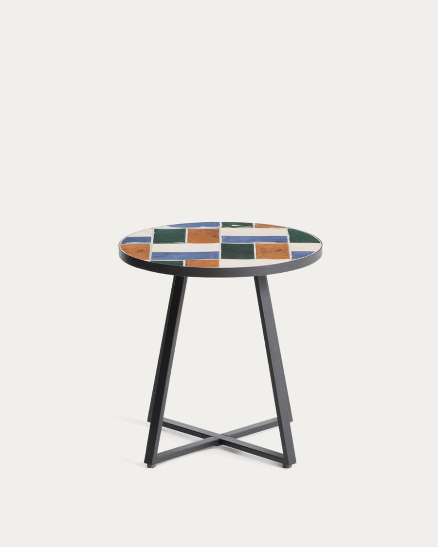 Tella round table in green galvanised steel with multicoloured tiles Ø45cm