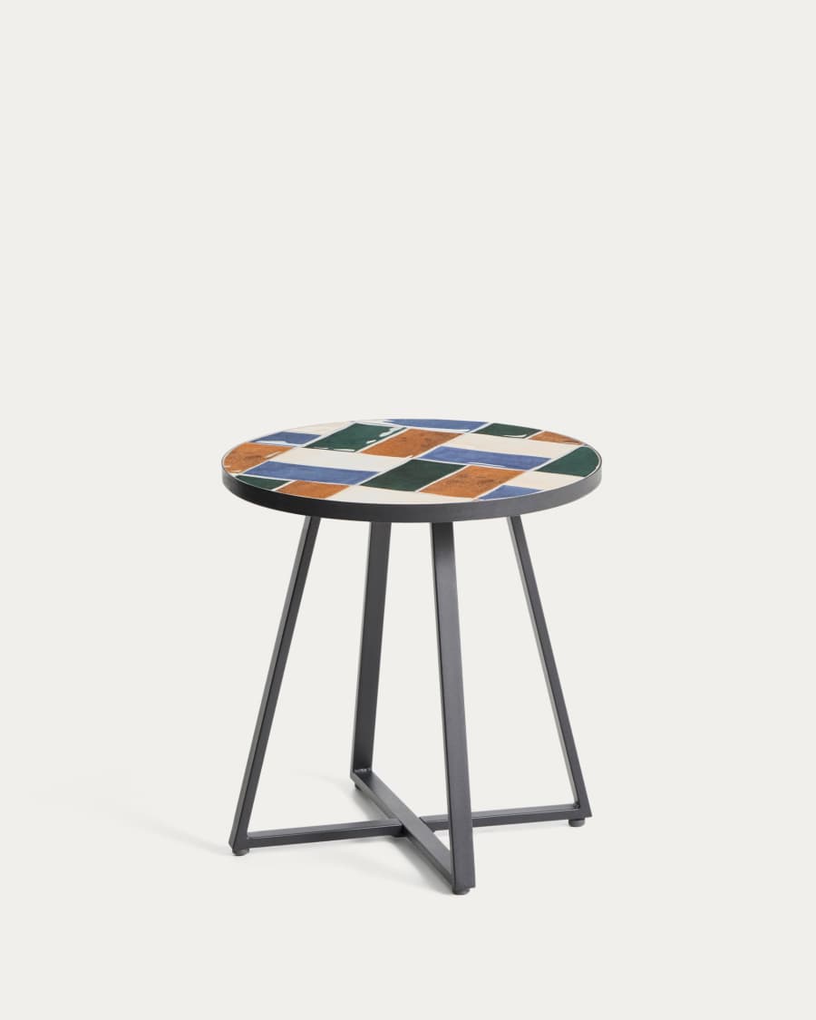 Tella round table in green galvanised steel with multicoloured tiles Ø45cm