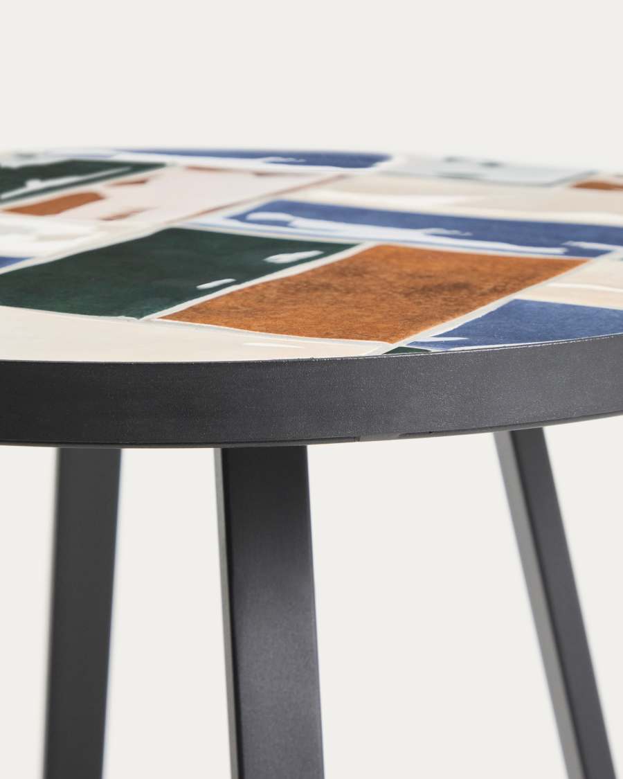 Tella round table in green galvanised steel with multicoloured tiles Ø45cm