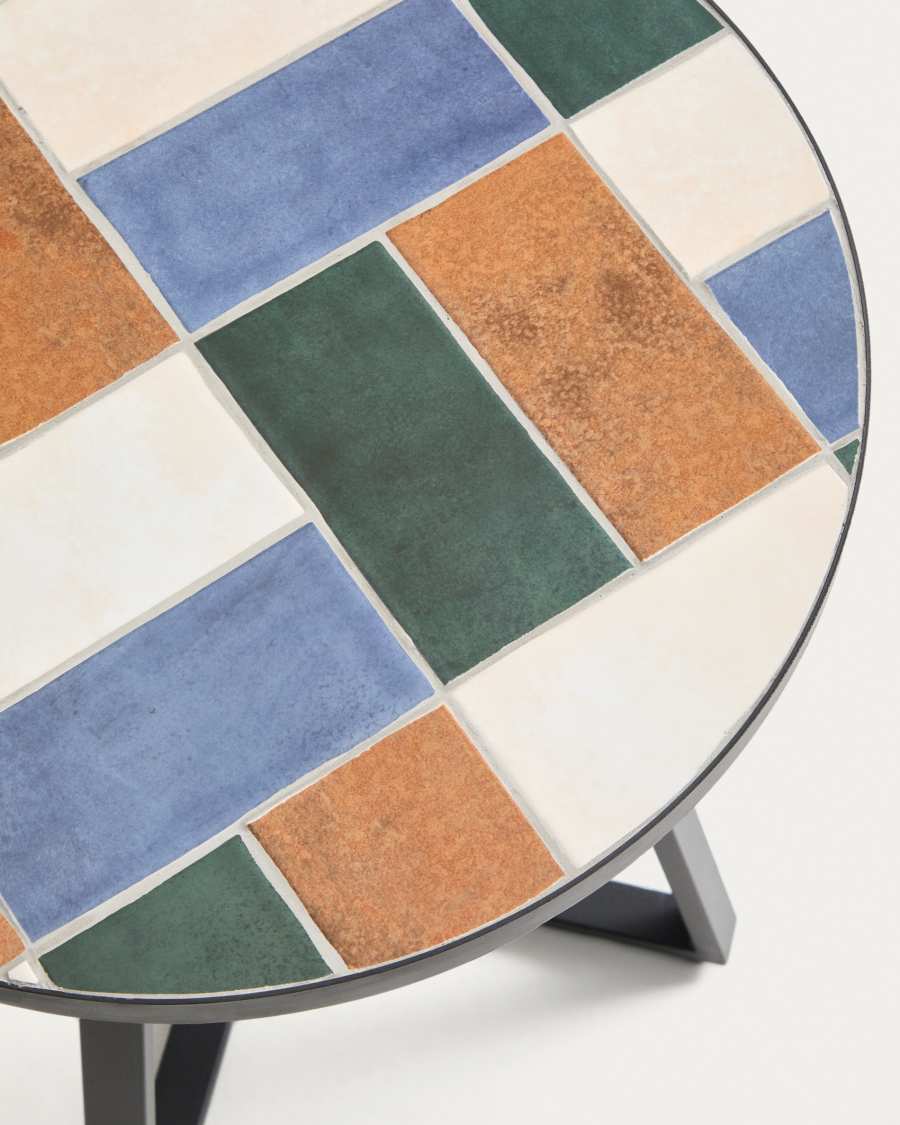Tella round table in green galvanised steel with multicoloured tiles Ø45cm