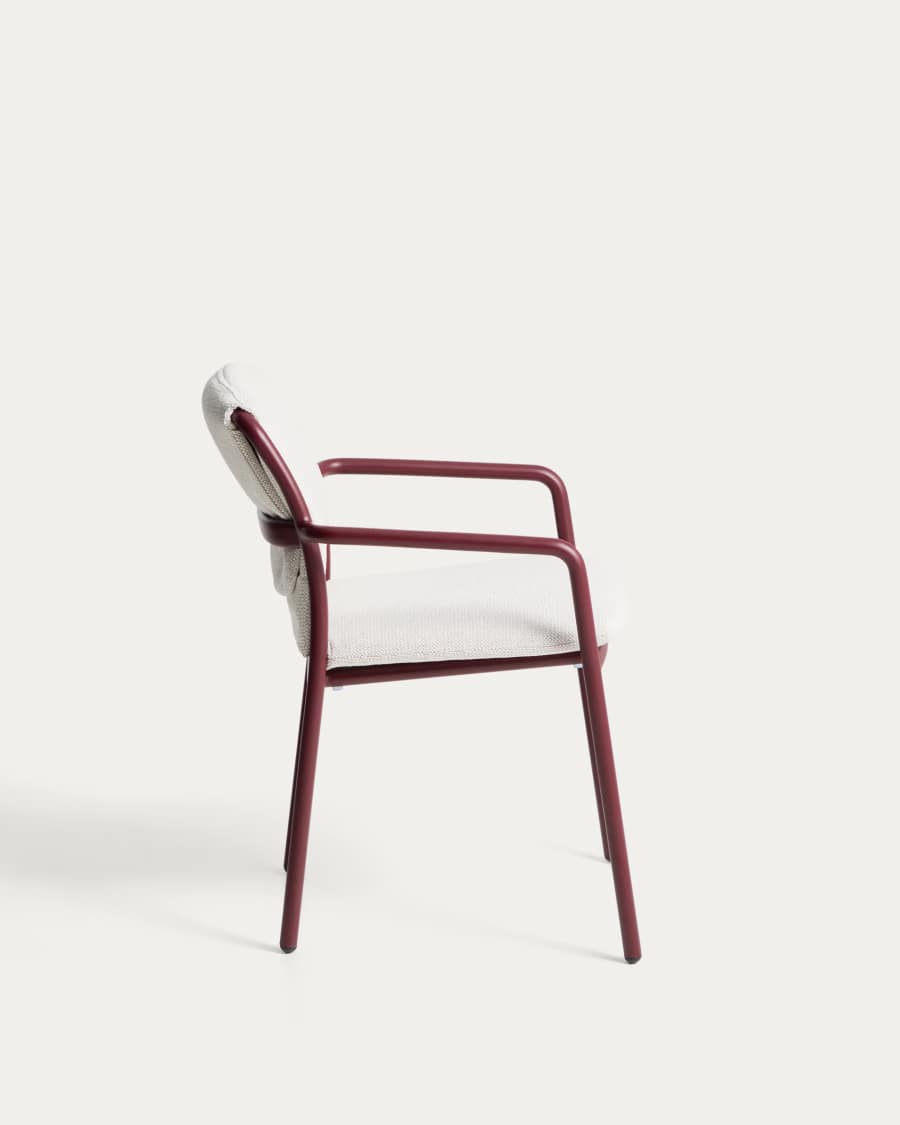 Linosa stackable chair in burgundy aluminium with beige cushion