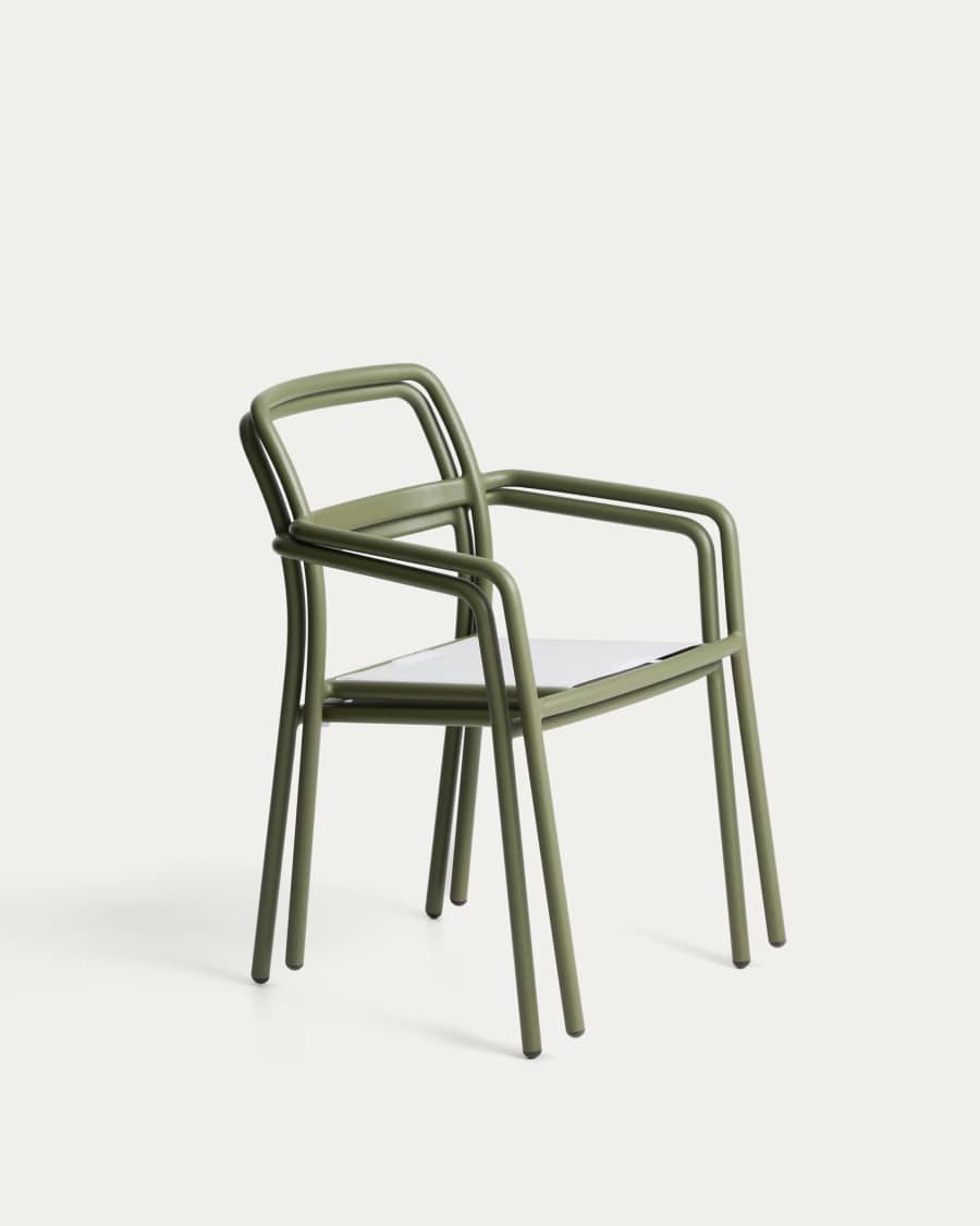 Linosa stackable chair in green aluminium with beige cushion