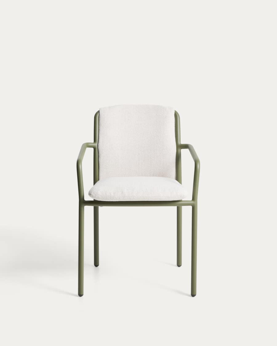 Linosa stackable chair in green aluminium with beige cushion