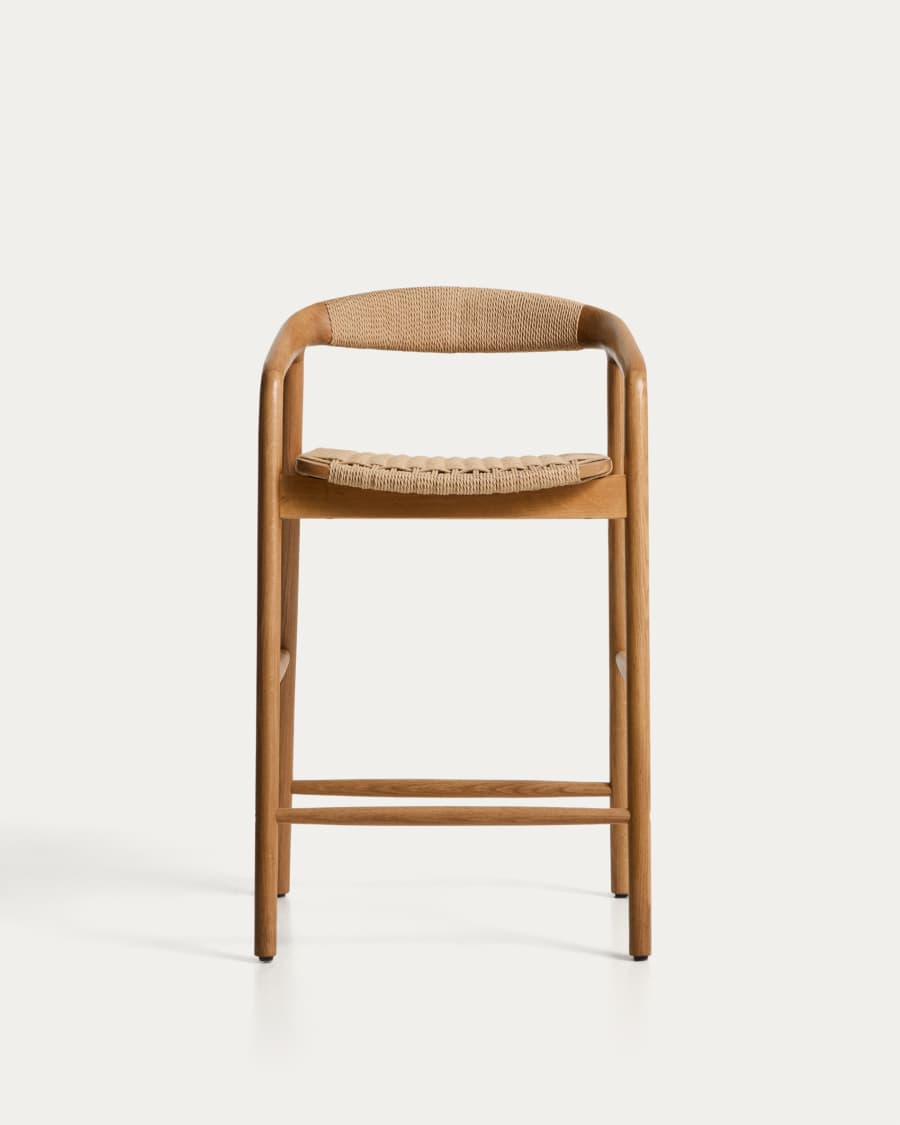 Sgabello Derile in legno di rovere massiccio con finitura in tonalità naturale e corda di carta beige FSC 100% 65 cm