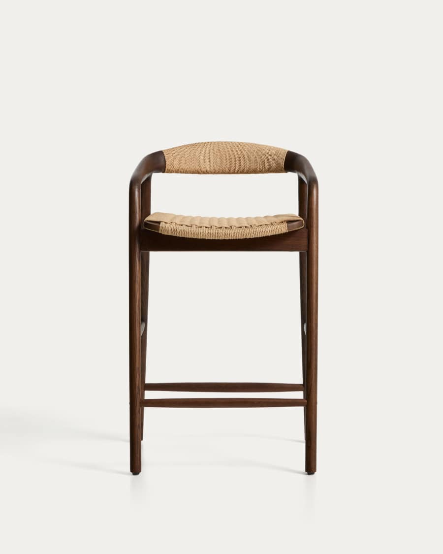 Tabouret Derile en bois de chêne avec finition noyer et corde en papier beige FSC 100 % 65 cm