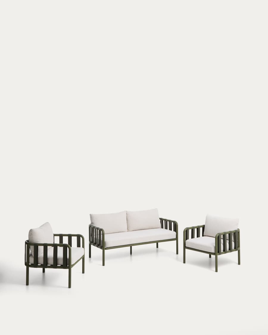 Omala set consisting of 2-seater sofa and 2 armchairs with green aluminium structure